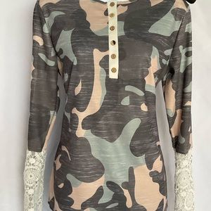 Chic Pastel Camo Henley with‎ Lace Sleeves - Women’s Lightweight Summer Top
